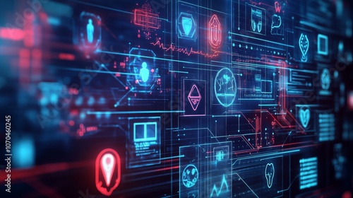 Healthcare Evolution Overview Graph depicting Futuristic Interface with Medical Technology Icons on Dark Background