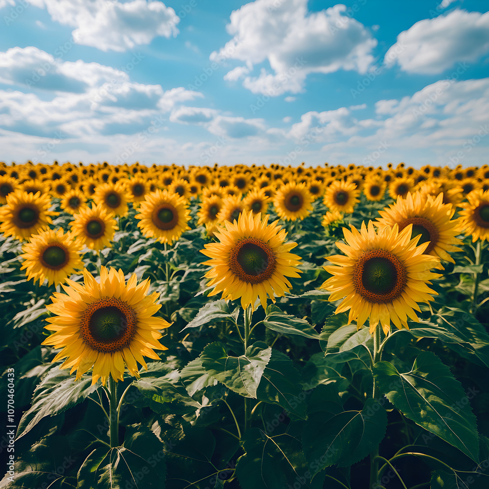 Fototapeta premium A vibrant field of sunflowers in full bloom under a bright blue sky with fluffy white clouds