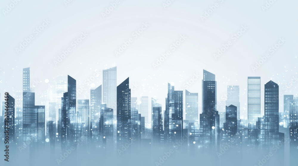 Fototapeta premium A futuristic city skyline with skyscrapers and glowing lights against a bright blue sky.