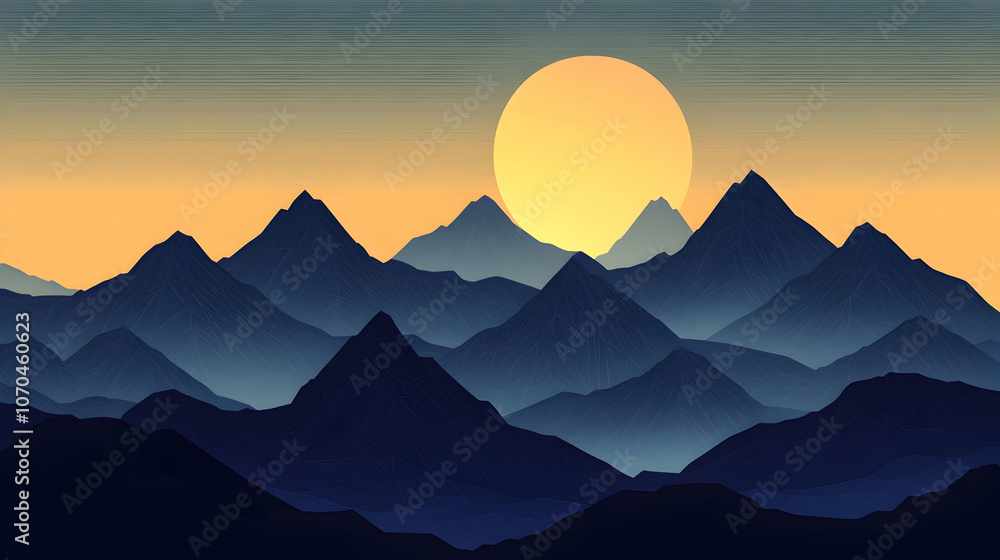 Silhouetted mountains with a large, bright sun rising over the peaks. Silhouetted mountains with a large, bright sun rising over the peaks.
