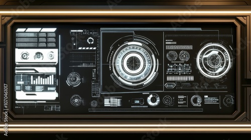 A futuristic digital interface with glowing white elements on a black background, set within a bronze frame.