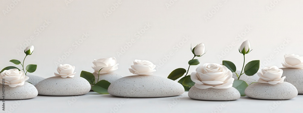 Rows of stones with white roses placed on top Rows of stones with white roses placed on top