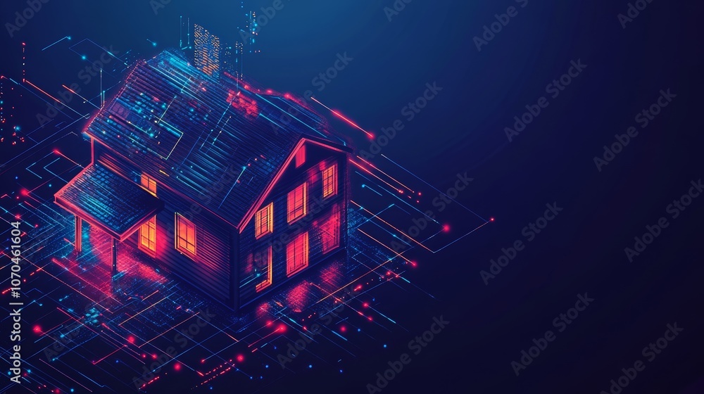 A futuristic smart home with glowing lights and a digital network of lines and circuits. A futuristic smart home with glowing lights and a digital network of lines and circuits.
