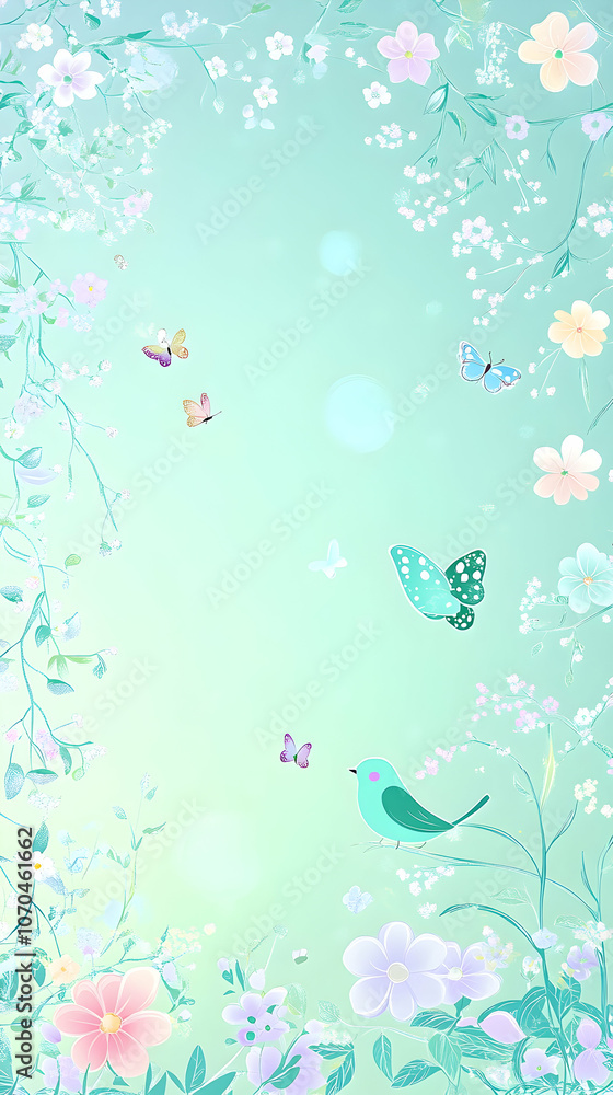 A delicate pastel green background with small white flowers, green vines, butterflies, and a small blue bird. A delicate pastel green background with small white flowers, green vines, butterflies, and a small blue bird.