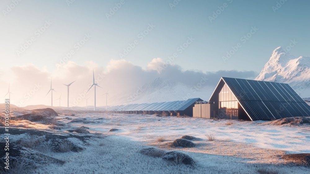 Fototapeta premium A futuristic, modern, and sustainable house with solar panels and wind turbines in a snowy mountain landscape.