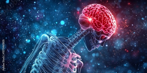 Amyotrophic Lateral Sclerosis (ALS) The Digital illustration of skeleton and brain in pain, facing right photo