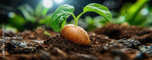 New Life Emerging Sprouting Seed with Green Leaves Breaking Through Soil, a Symbol of Garden Fertility and Growth
