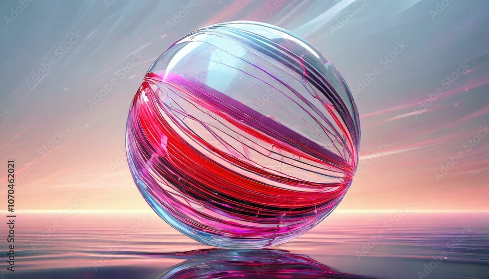 Abstract transparent glass sphere with pink and red e lines on white background, 3d rendering illustration of futuristic abstract shape with holographic element Abstract transparent glass sphere with pink and red e lines on white background, 3d rendering illustration of futuristic abstract shape with holographic element
