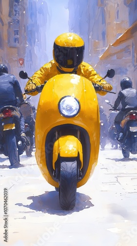 Yellow Motorcycle Rider in City. photo