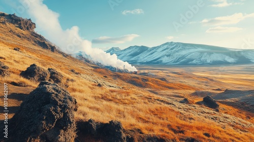 A geothermal power plant releases steam into the air, surrounded by mountains and grasslands.