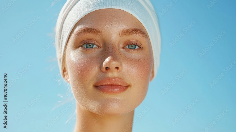 A serene close-up of a young woman outdoors, featuring glowing skin, a white headband, and a bright blue sky background. A serene close-up of a young woman outdoors, featuring glowing skin, a white headband, and a bright blue sky background.