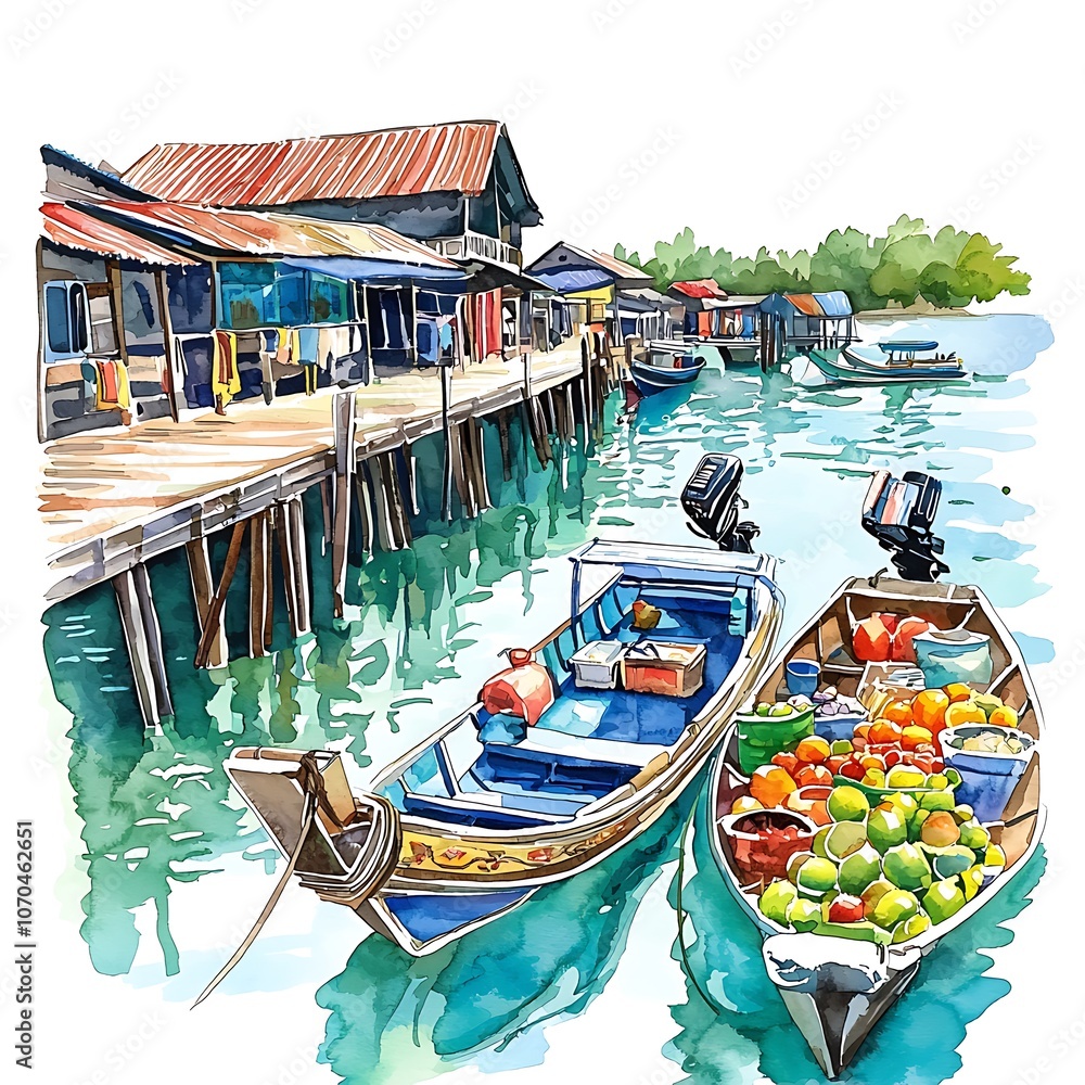 Obraz premium Waterfront Market Scene with Boats and Fruit - Watercolor Illustration.