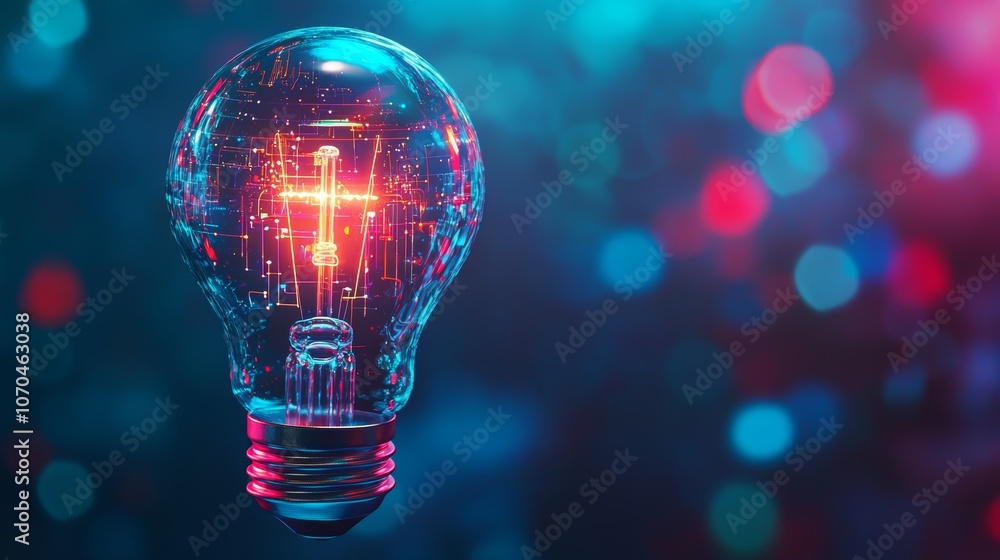 A glowing light bulb with a circuit board design inside, against a blurry background of red and blue lights. A glowing light bulb with a circuit board design inside, against a blurry background of red and blue lights.