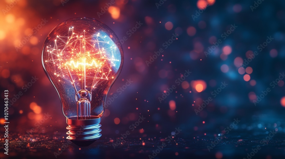 A glowing light bulb with a network of lines inside, on a dark background with red and blue bokeh. A glowing light bulb with a network of lines inside, on a dark background with red and blue bokeh.