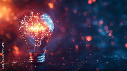 A glowing light bulb with a network of lines inside, on a dark background with red and blue bokeh.