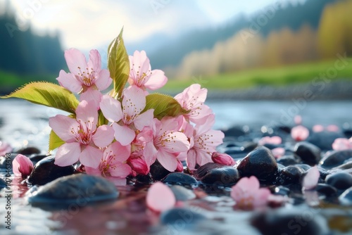 Stunning Cherry Blossoms on Riverbank Tranquil Spring Scene with Delicate Pink Petals and Calm Water Flowing Over Smooth Stones