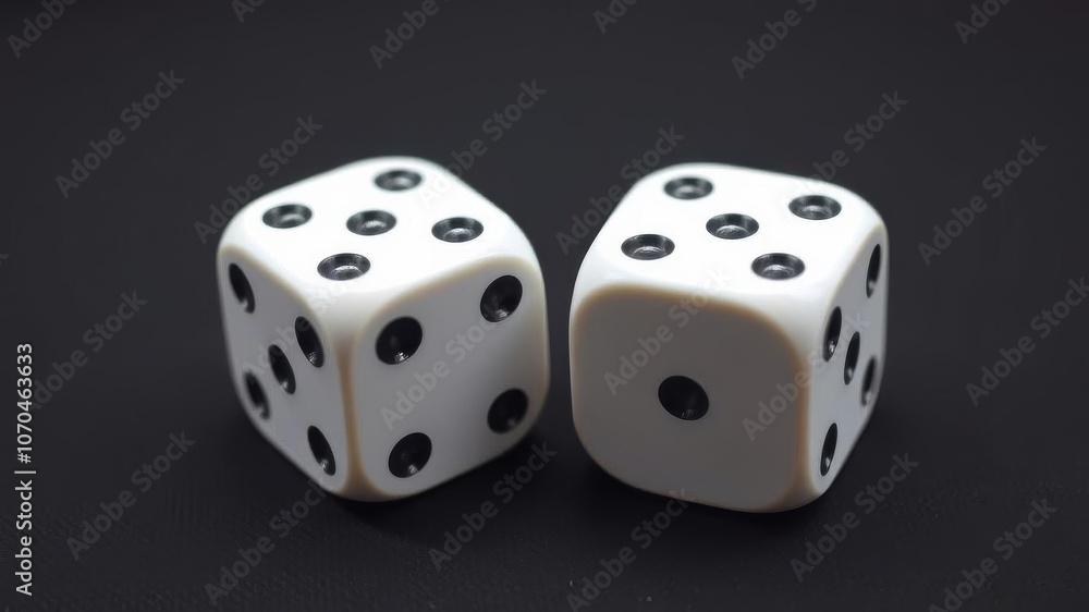 Top view of two white dices with black dots on a white background, luck, white dices Top view of two white dices with black dots on a white background, luck, white dices
