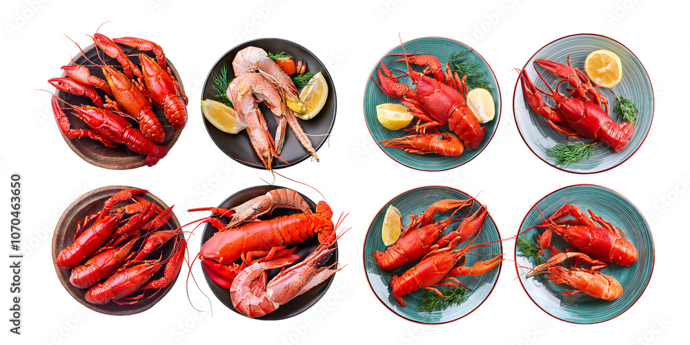 Fresh Seafood Collection on Plates with Lemon Garnish, PNG collection, set bundle, isolate on transparent or white background Fresh Seafood Collection on Plates with Lemon Garnish, PNG collection, set bundle, isolate on transparent or white background