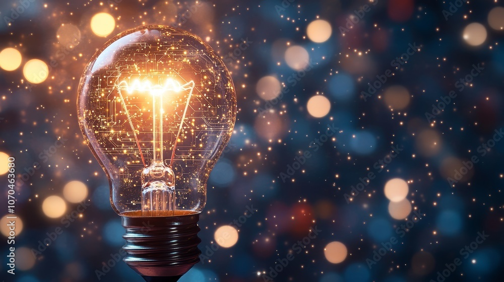 A glowing light bulb with sparkling particles inside, representing an idea or inspiration. A glowing light bulb with sparkling particles inside, representing an idea or inspiration.
