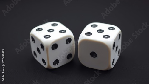 Top view of two white dices with black dots on a white background, luck, white dices