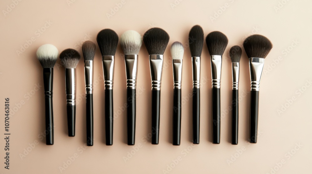 A collection of twelve professional makeup brushes is displayed on a soft, neutral background. A collection of twelve professional makeup brushes is displayed on a soft, neutral background.