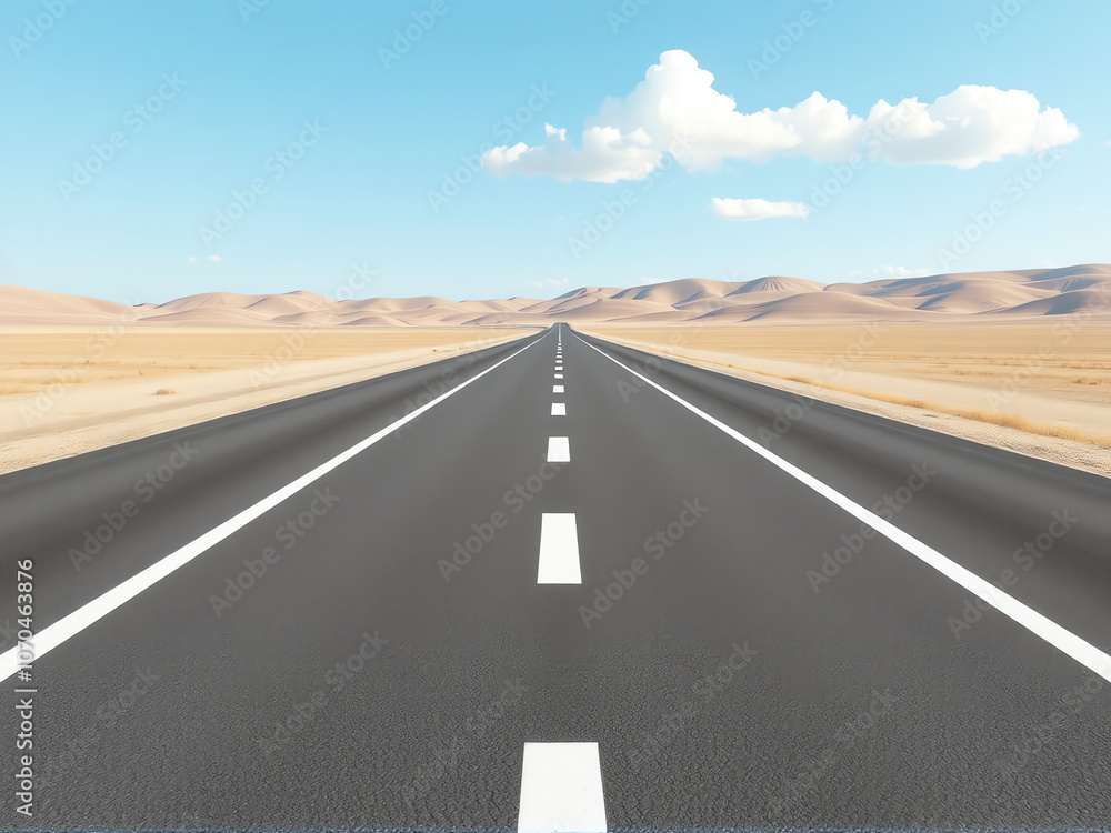 Naklejka premium An empty desert road stretches ahead, marked by white lines under a clear blue sky.
