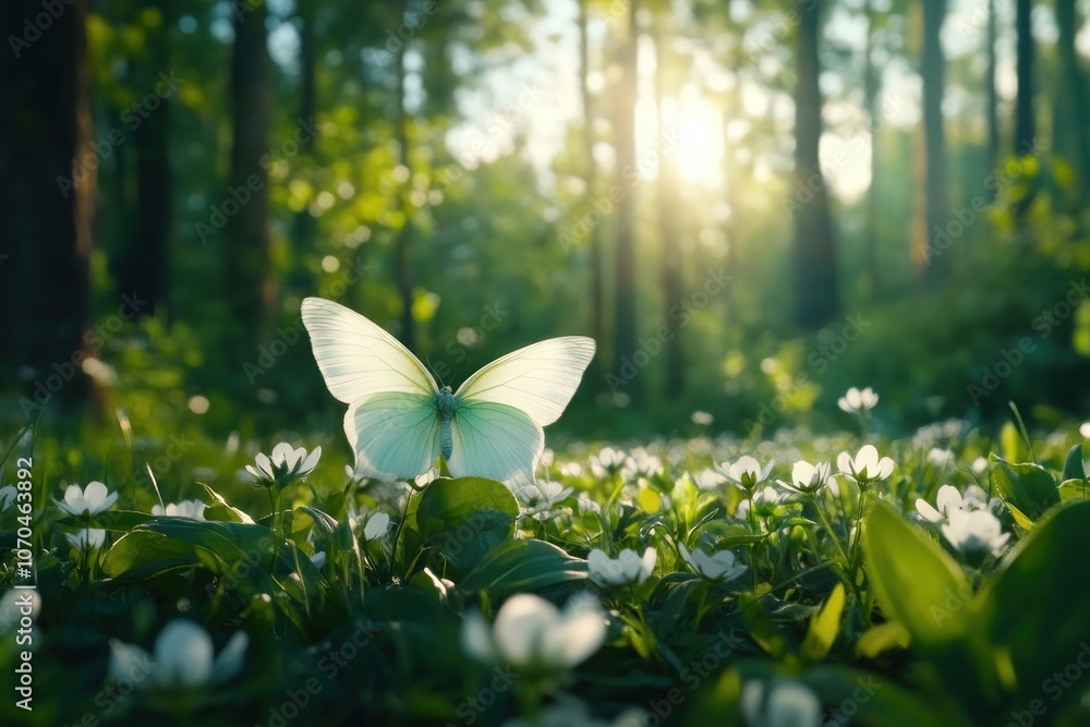 Stunning White Butterfly Resting on White Flowers in a Sunlit Forest, Tranquil Spring Nature Scene, Peaceful Harmony in Nature