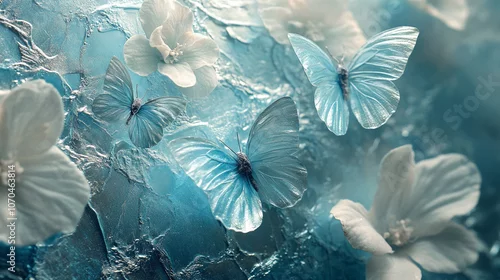 Fototapeta Dekoracyjna tapeta w motyle i kwiaty, trendy 2025, tekstura w kolorze błękitu generative ai 