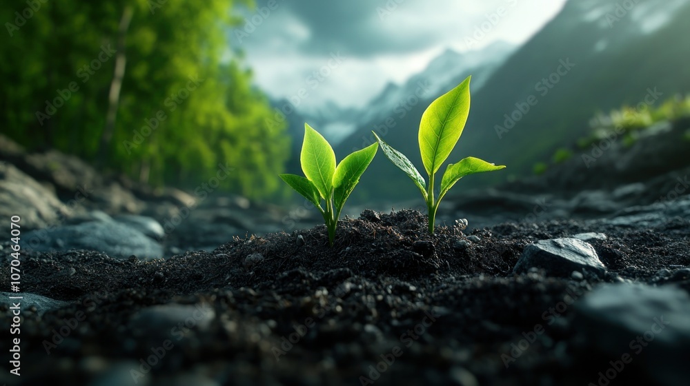 Tiny Green Leaves Pushing Through Soil, Nature's Tender Touch in Growth, New Life, Springtime, Hope, Resilience, Emerging Life, Growth, Seedling, Plant, Nature, Environment, Renewal, Inspiration