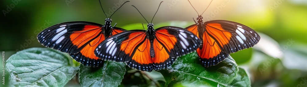Three Butterflies Basking in Sunlight, A Symphony of Colors in Nature's Garden, A Glimpse into the Peaceful Biodiversity of a Lush Ecosystem