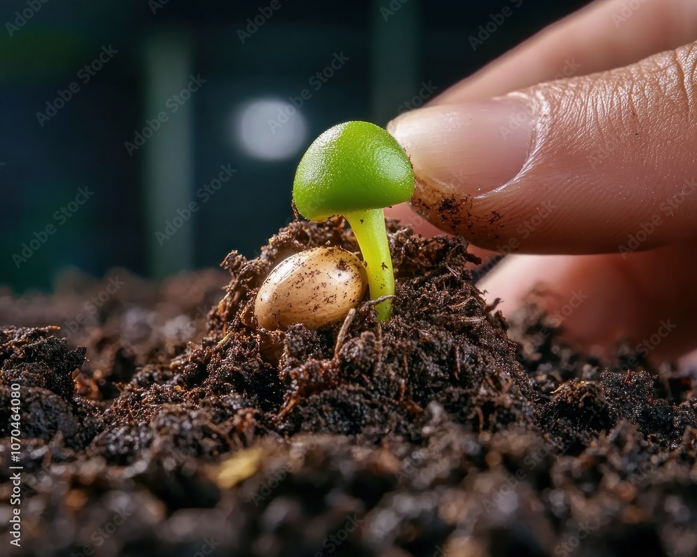 Tiny Green Sprout Breaking Through Dark Soil, A Symbol of New Life, Growth, and Fertility in the Garden
