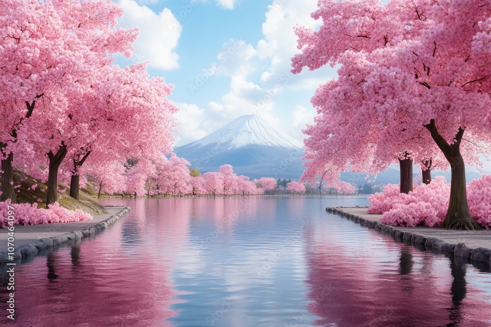 Stunning View of Cherry Blossoms in Full Bloom Along the Riverbank, Creating a Serene and Tranquil Atmosphere with Mount Fuji in the Background, A Perfect Representation of Spring's Arrival and