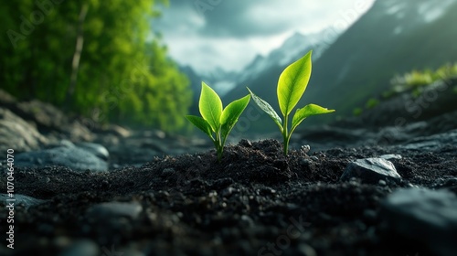Obraz na płótnie Tiny Green Leaves Pushing Through Soil, Nature's Tender Touch in Growth, New Life, Springtime, Hope, Resilience, Emerging Life, Growth, Seedling, Plant, Nature, Environment, Renewal, Inspiration w salonie