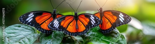 Obraz na płótnie Three Butterflies Basking in Sunlight, A Symphony of Colors in Nature's Garden, A Glimpse into the Peaceful Biodiversity of a Lush Ecosystem w salonie