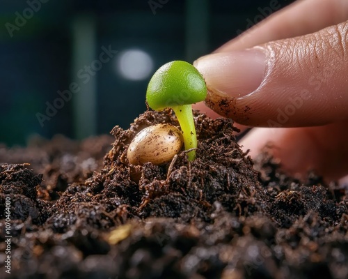 Obraz na płótnie Tiny Green Sprout Breaking Through Dark Soil, A Symbol of New Life, Growth, and Fertility in the Garden w salonie