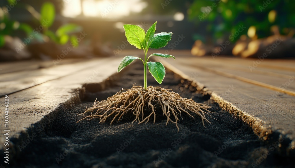 Tiny Sprout Emerging from Soil, A Symbol of Growth, Resilience, and New Life, Delicate Roots Reaching Downwards, Potential for Life, Nature Photography