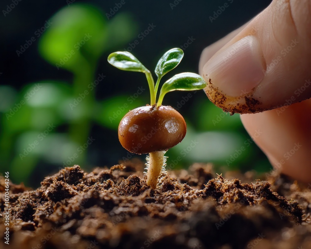 Tiny Sprout Emerging from Soil, New Life Begins, Symbol of Hope and Growth, Garden Seedling, Fresh Start, Green Shoot, Nature's Wonder, Delicate Plant, Small Sprout, Earth, Plant Growth, Early