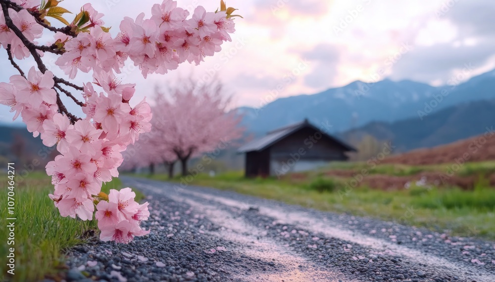 Tranquil Pathway Lined with Delicate Cherry Blossoms in a Picturesque Spring Landscape, Peaceful Seasonal Beauty, Stunning Nature Photography