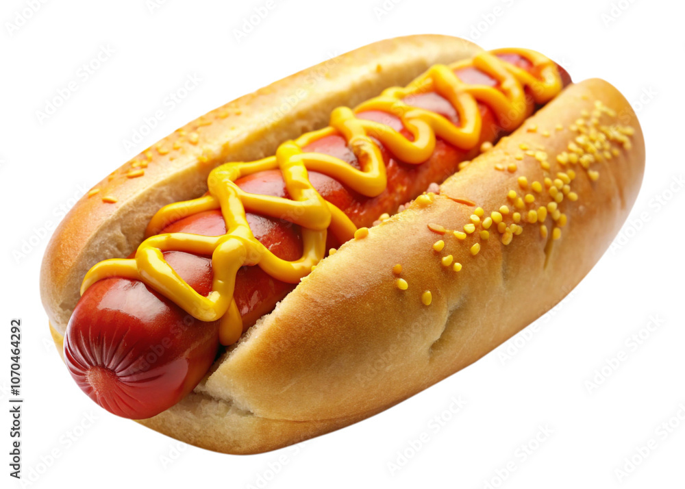 Classic Hot Dog with Mustard on White Background, hot dog with mustard, ketchup, isolated on a white background Classic Hot Dog with Mustard on White Background, hot dog with mustard, ketchup, isolated on a white background