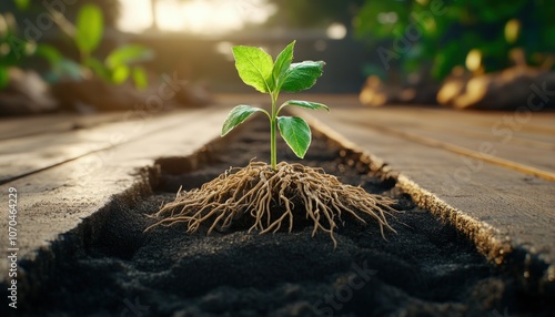 Obraz na płótnie Tiny Sprout Emerging from Soil, A Symbol of Growth, Resilience, and New Life, Delicate Roots Reaching Downwards, Potential for Life, Nature Photography w salonie