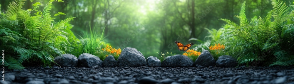 Tranquil Spring Garden with Vibrant Colors and Butterflies Pollinating Flowers, Nature's Beauty Captured in a Serene Landscape