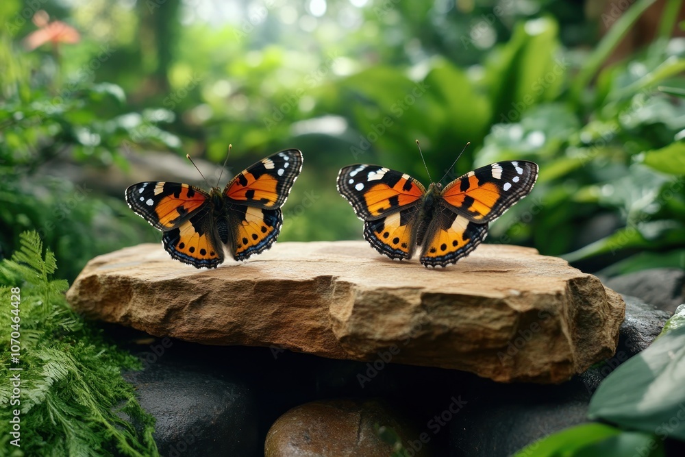 Two Beautiful Butterflies Resting on a Rock in a Spring Garden, A Moment of Serenity and Vibrant Nature
