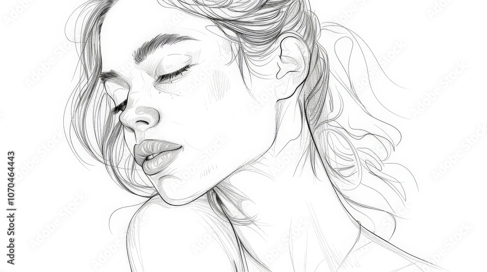 A young woman is captured in a graceful pose, with closed eyes and softly defined features, expressing tranquility and introspection through elegant lines A young woman is captured in a graceful pose, with closed eyes and softly defined features, expressing tranquility and introspection through elegant lines
