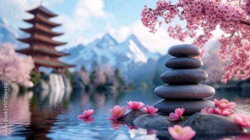 Tranquil Zen Garden Cherry Blossoms Reflecting in a Serene Pond with Stacked Stones and a Pagoda in the Background Serenity, Nature, Peace, Japanese Garden, Spring, Meditation, Relaxation, Tranquility