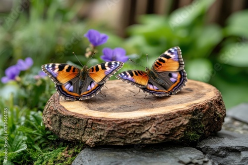 Two Beautiful Butterflies Resting on a Tree Stump in a Spring Garden, Surrounded by Vibrant Flowers, Exhibiting the Harmony of Nature and the Importance of Biodiversity