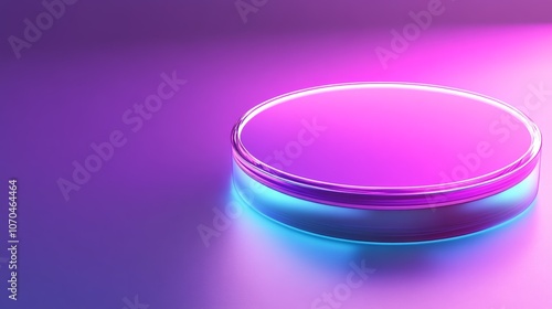 A glowing, circular platform with neon lights in pink and blue hues, on a purple background.