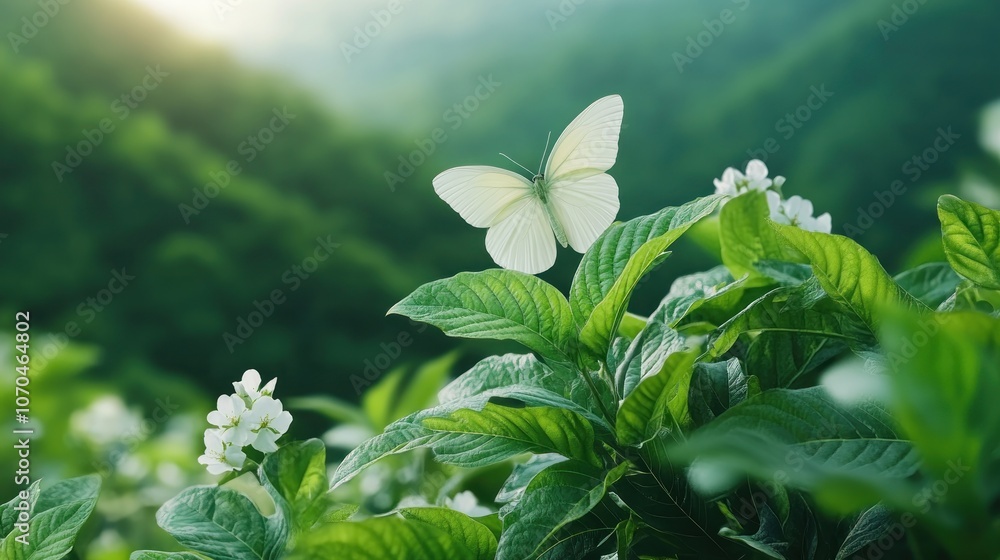 White Butterfly Fluttering Amidst Spring Blossoms in a Serene Garden, Capturing the Essence of Tranquil Harmony and Vibrant Life
