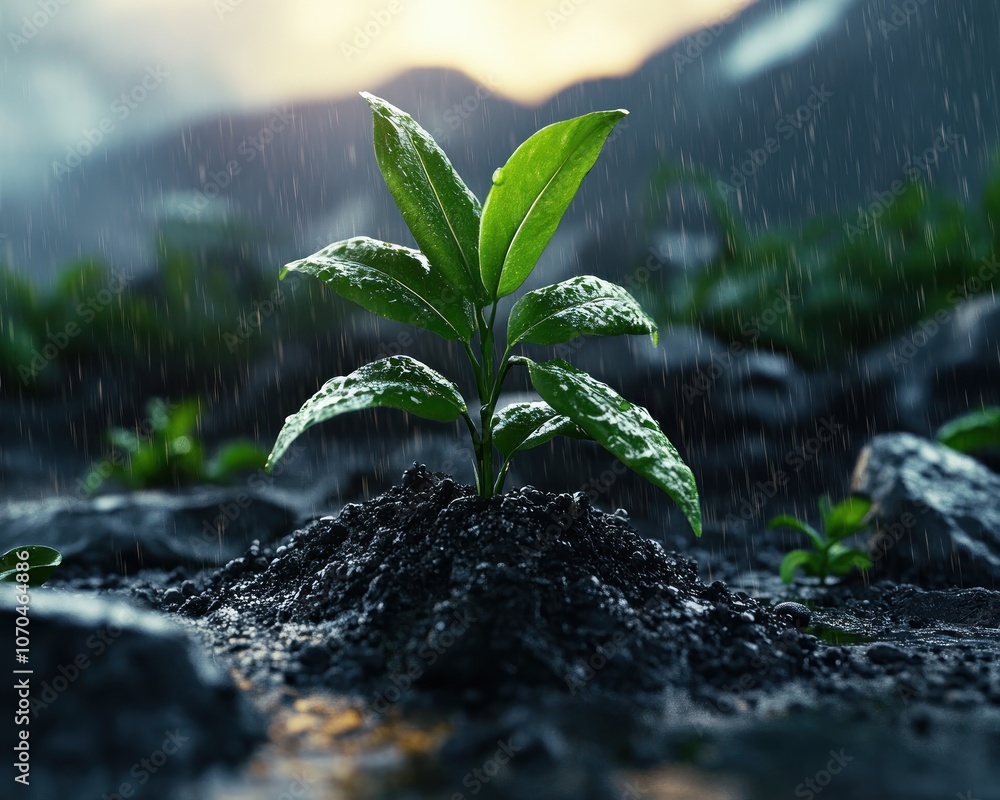 Young Sprout Emerging from Moist Soil, Delicate New Growth, Nature's Nurture A Symbol of Life and Renewal, A Stunning Close-Up Photography of a Tiny Plant Pushing Through the Earth, Bathed in the