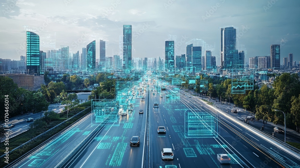Fototapeta premium Future urban landscape, showing AI integrated infrastructure, autonomous vehicle and intelligent buildings, highlighting advanced technology, innovation and modern urban environment