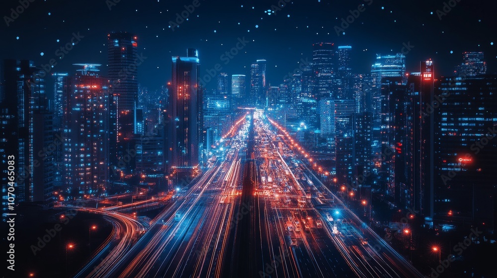 Fototapeta premium Future urban landscape, showing AI integrated infrastructure, autonomous vehicle and intelligent buildings, highlighting advanced technology, innovation and modern urban environment